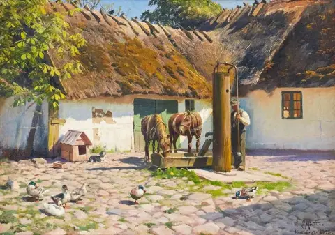 Horses Drinking Water From A Well By A Farm House 1923