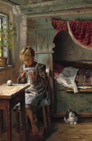Interior From A Peasant's House With A Young Girl Crocheting By The Window 1905