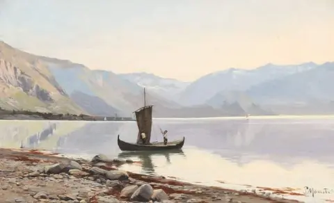 Mountainous Lake View With A Fishing Boat Close To The Shore
