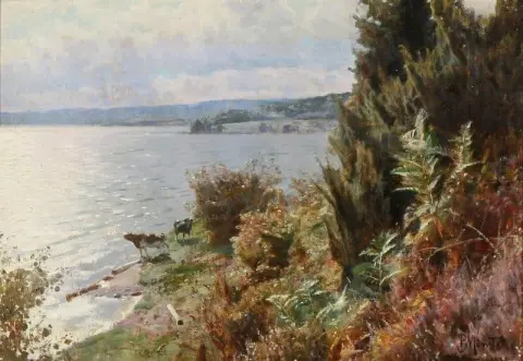 View From Silkeborg With Two Cows At The Water S Edge 1934