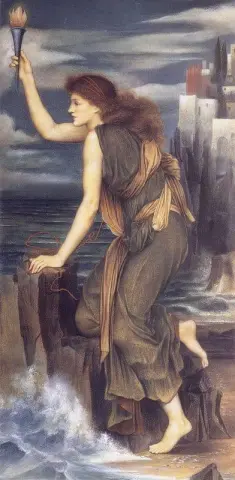 Héroe sosteniendo la baliza para Leander 1885