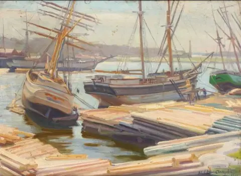 부두에 범선이 있는 항구 풍경 1910