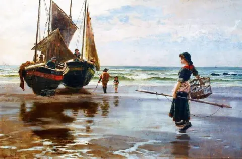 En flicka med ett fiskenät bredvid båtar på en strandlinje 1888