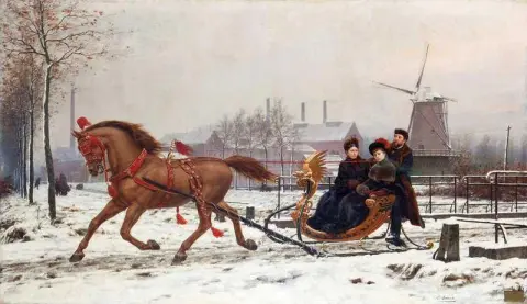 Aristokratisk familie nyter vinterlandskap 1885