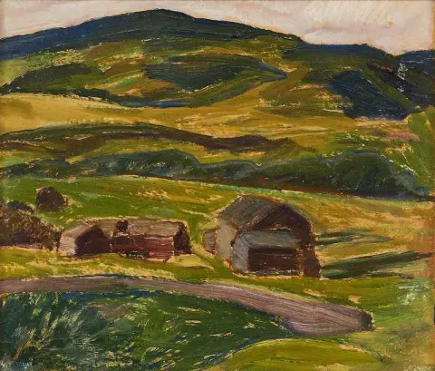 Paesaggio nordico con cottage rossi