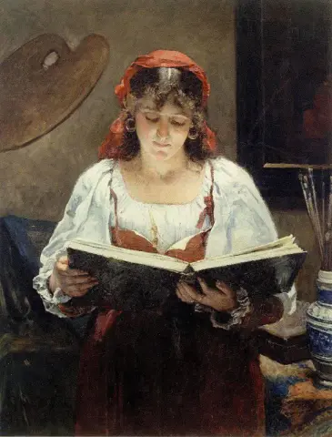 An Italian Beauty Looking At An Album In The Artist's Studio 1886