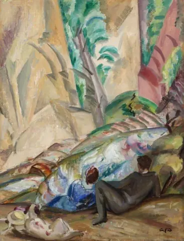 Ruhendes Paar in südlicher Landschaft der 1920er Jahre