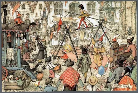 Straatbild Met Een Acrobaat En En Clown