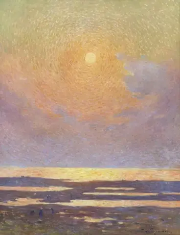 Kalastajat jalkaisin auringonlaskun aikaan noin 1910