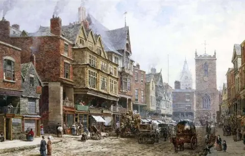 Bridge Street Chester ser nordover mot korset og St. Peter S-kirken. Til venstre De nederlandske husene 1877
