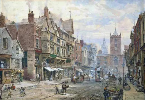 Bridge Street Chester med St. Peter S-kirken og rådhuset bortenfor