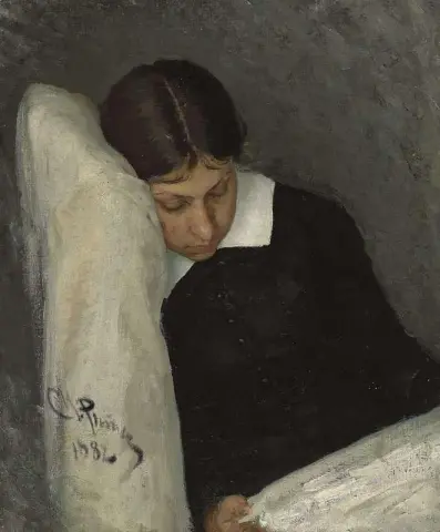 Porträtt av Vera Repina Konstnärens fru läser 1882
