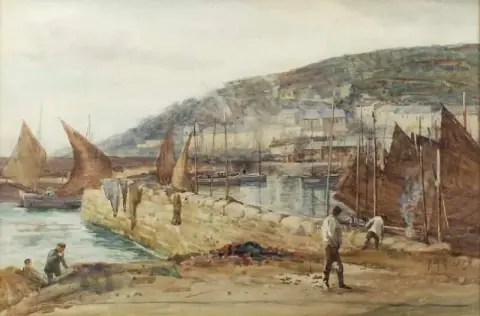 Havnescene med fiskere i forgrunnen 1909