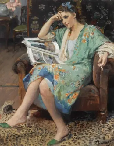 Ung Kvinna I Grön Kimono