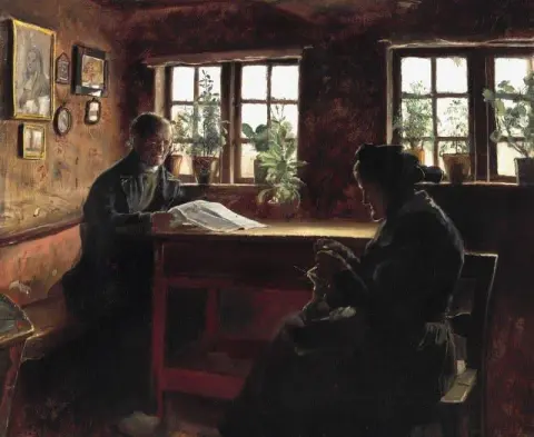 A Smallholder And His Wife From Atterup Near Faxe. He Is Reading The Newspaper And She Is Knitting