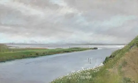 At The Mouth Of The Stream. A Flowered Slope To The Right. On The Other Side Of The Stream A Long Isthmus Out Into The Fjord. Karreb Ksminde