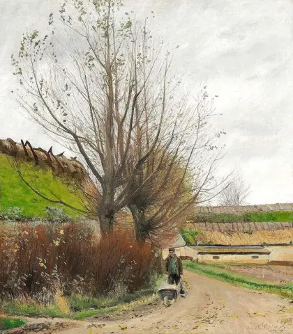 Autumn Weather. A Man With A Wheelbarrow On A Path