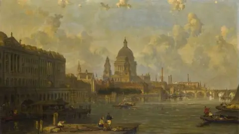 Vista desde el puente de Waterloo que abraza la casa y el templo de St. Paul en Somerset, hacia 1862