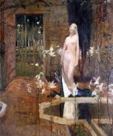 Kvinna naken i en trädgård ca 1890-95