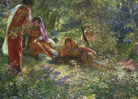 알제의 엘 비아르 정원에서 쉬고 있는 젊은 여성 1910년