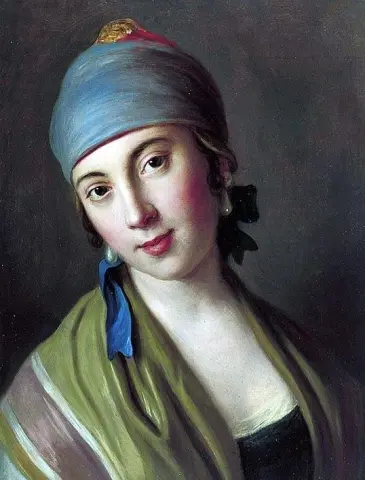 Porträtt av en kvinna med blå halsduk och randig sjal efter 1750