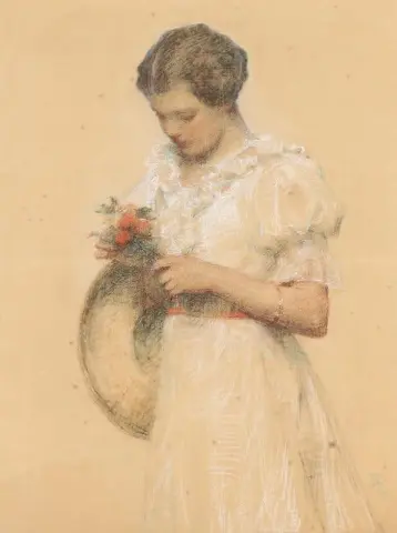 En flicka med en bukett blommor 1913
