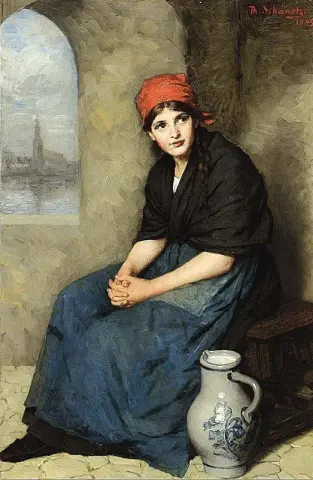 Et portrett av en sittende jente iført en mørkeblå kjole og rødt hodeskjerf 1883