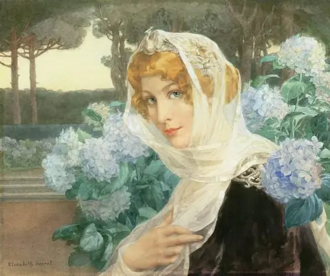 Mujer joven con hortensianos