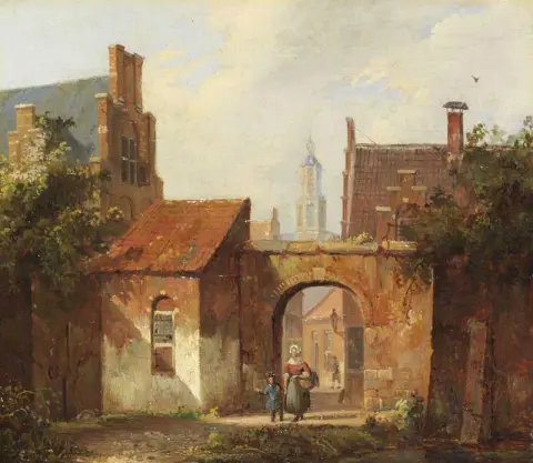 Hollandisches Stadtchen Mit Torbogen Ca. 1860