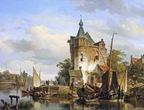 Moored Barges At A Quay Near A Keep 1844