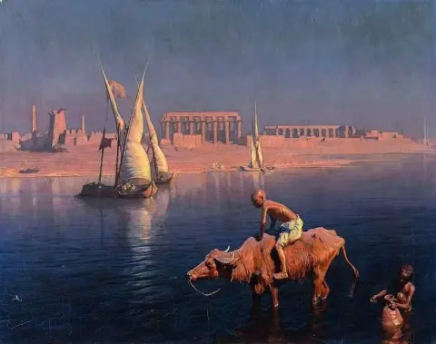 Portadores de agua y faluchos delante del templo de Philae Egipto