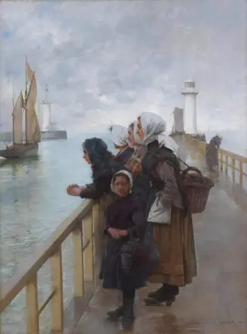 Wachten op de boten in de haven van Boulogne 1890