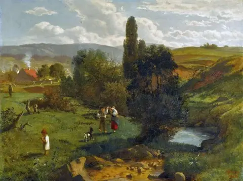 Kevätlaitumella Bernaun lähellä Schwarzwaldissa 1867