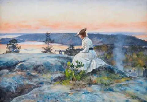 Kvinna I Skargardslandskap I Solnedgang