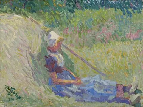Niña descansando contra un pajar 1904
