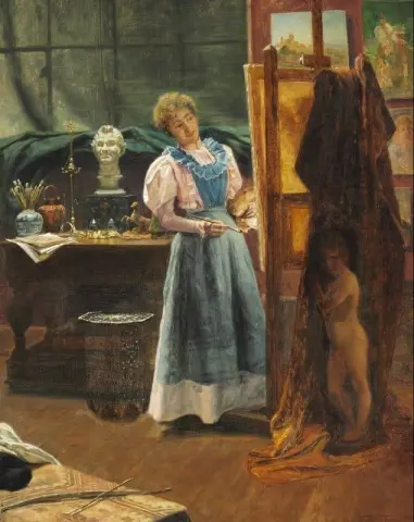 Streik. En maler ved staffeli. Cupid nekter å posere mer 1897