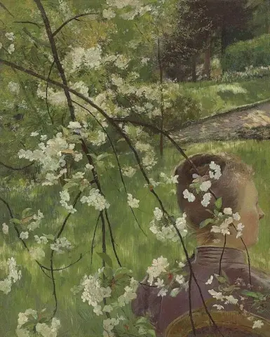Nuori nainen kukkaoksalla 1890