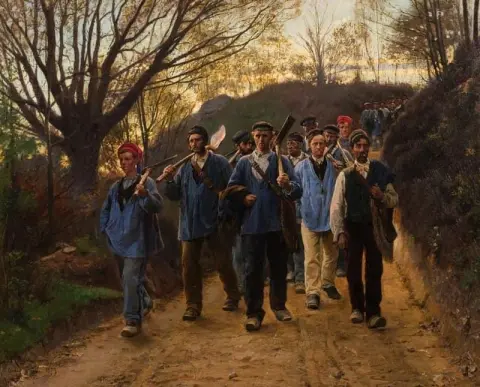 Trabalhadores franceses em uma estrada de terra
