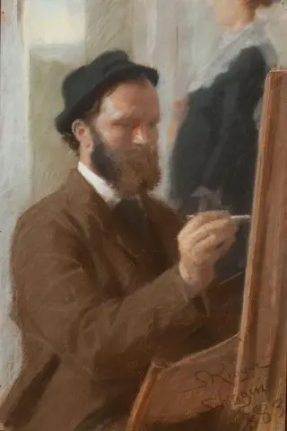 Michael Ancher pintando Anna Ancher parada na porta