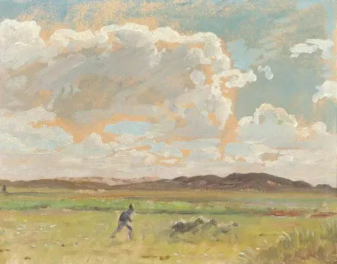 En man och några djur på fältet 1922