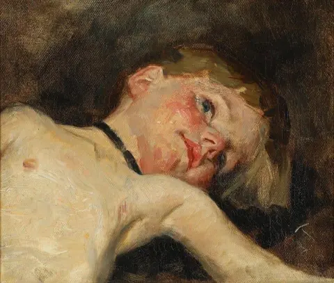 En liggande flicka med ett svart band runt halsen 1889