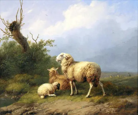 Ovejas y corderos en la cima de una colina 1835