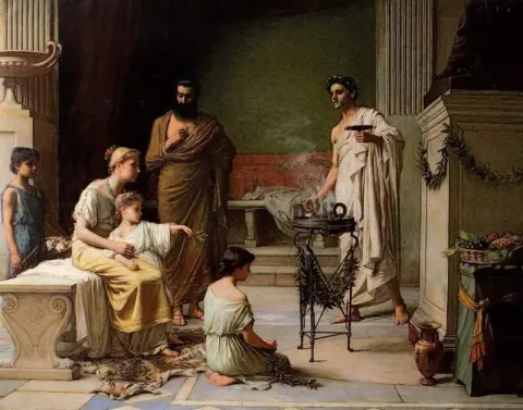 Et sykt barn brakt inn i tempelet til Aesculapius 1877