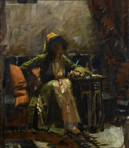 Et østlig interiør med en sittende jente 1886