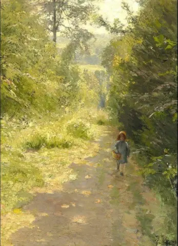 Una niña con una canasta caminando por el bosque 1880