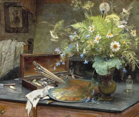 Interior Con Un Ramo De Flores Silvestres La Caja De Pinturas Del Artista Una Paleta Y Un Puro A Medio Ahumar