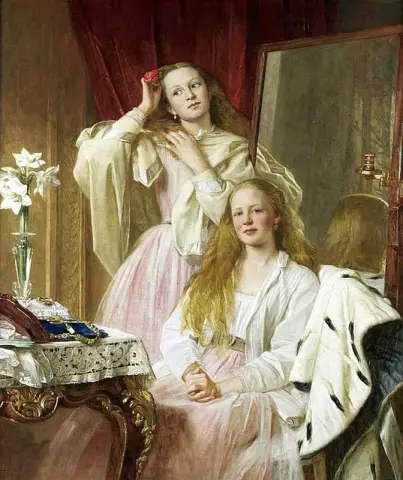 ソートン・ホールの鏡台に立つエマとフェデリカ・バンクスの肖像画（1869年）