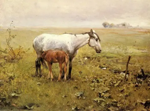 En hoppe og føllet hennes i et landskap