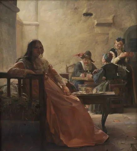 Leonora Christina nella prigione o negli ufficiali giudiziari del palazzo con le donne nella camera della figlia del re appena imprigionata a Blaataarn