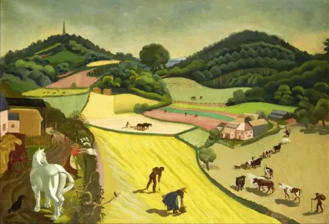 Un paisaje campestre con granja